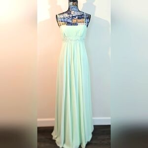 David's Bridal Mint Green Empire Waist Beaded Strappy Long Formal Gown